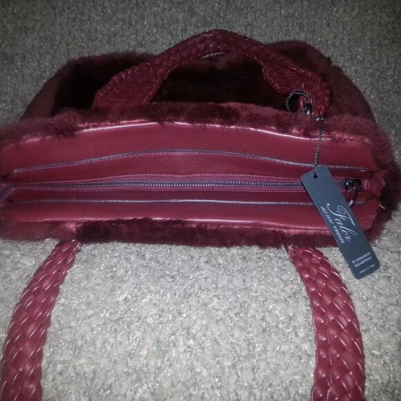 Large FALOR-FALORNI Shearling Tote-Genuine Leather With Lamb Fur. Burgundy. NWT - Picture 6 of 8